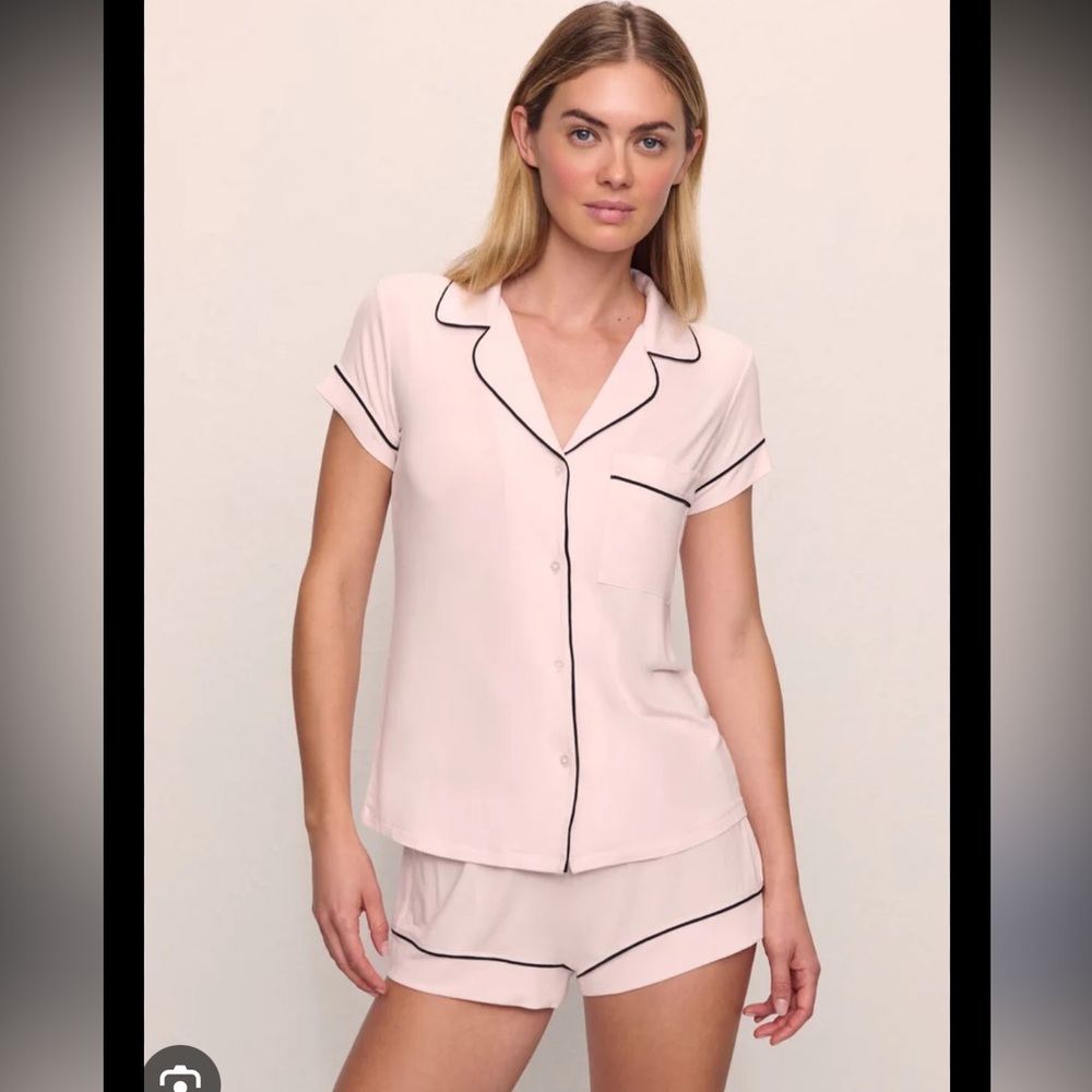 Eberjey Gisele Shorty Short Pink Pajama Set with Black Trim Medium